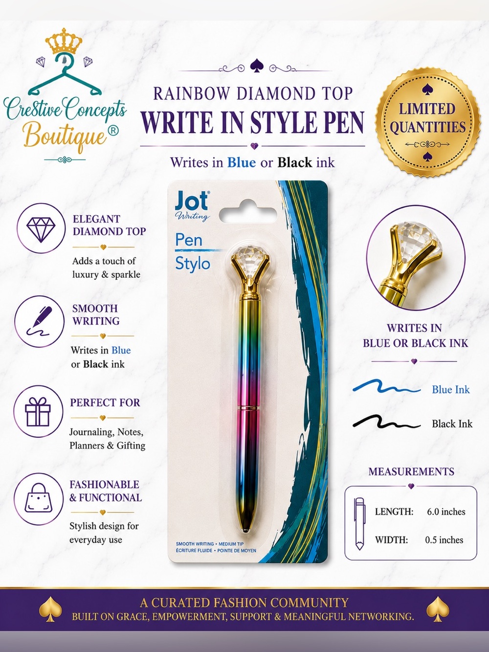 Rainbow Diamond Top Ballpoint Pen | Blue or Black Ink | Elegant Crystal Pen
